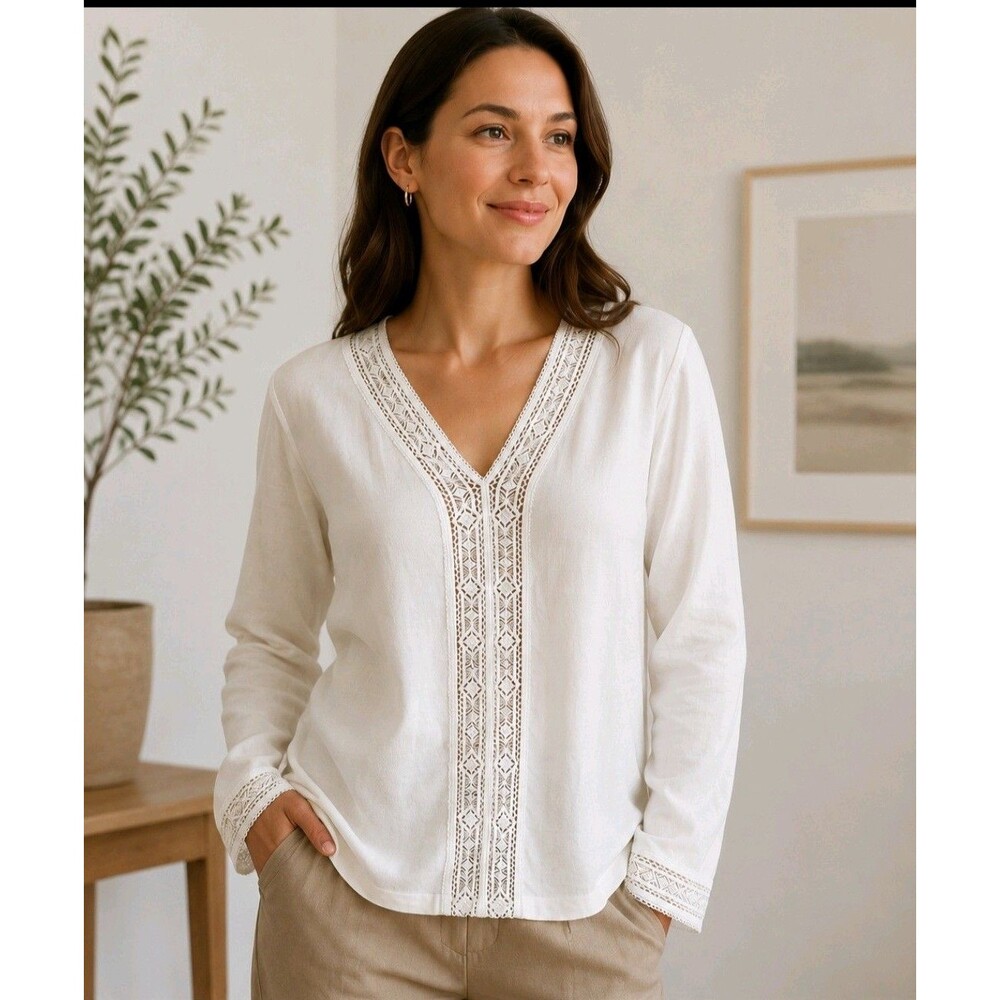 Exclusive Ivory Lace Trim Blouse Size S V-Neck Long Sleeve Boho Peasant Top